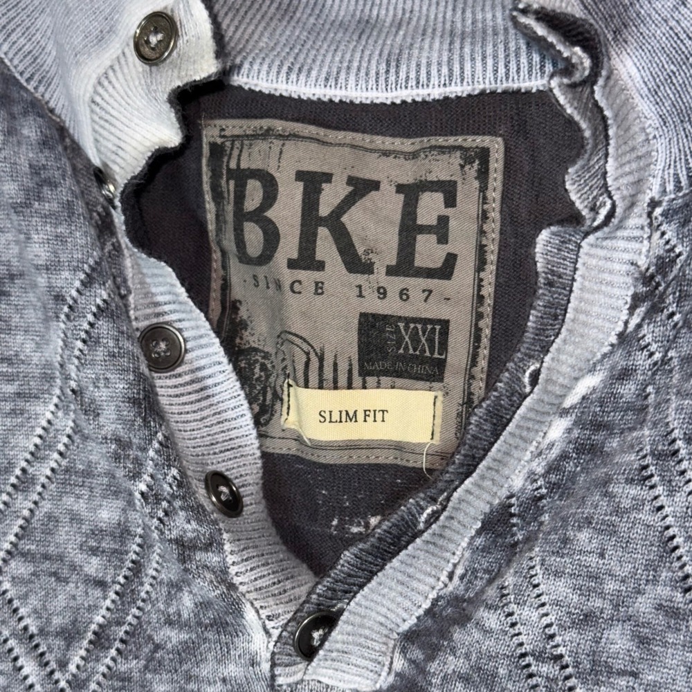 BKE Mens XXL Slim Fit Sweater Grey Acid Wash Argyle Henley Cotton Knit Pullover - Picture 2 of 7